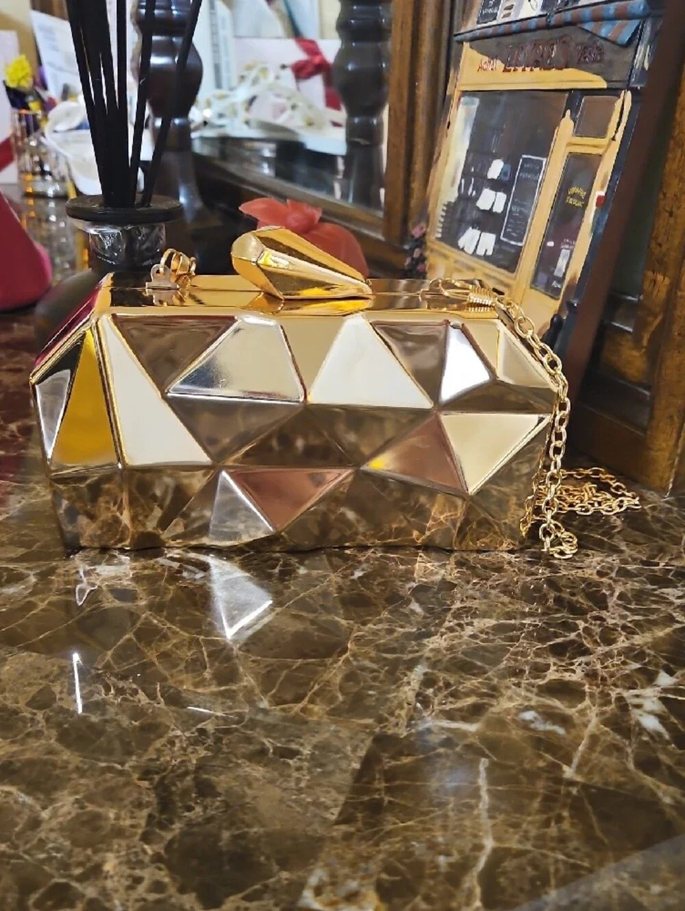 Gold Geometric Hardcase Evening Clutch with Chain